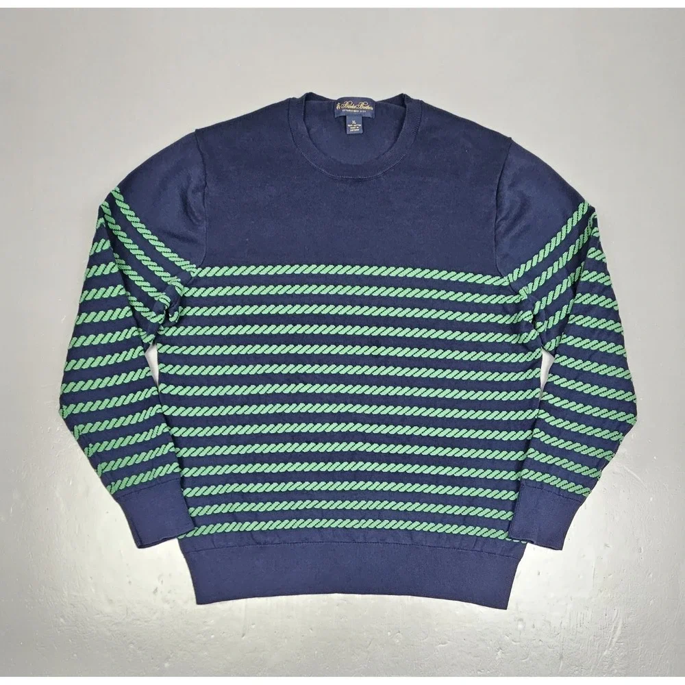 Brooks Brothers Sweater Mens XL Blue Green Jacquard Mariner Stripe Crewneck